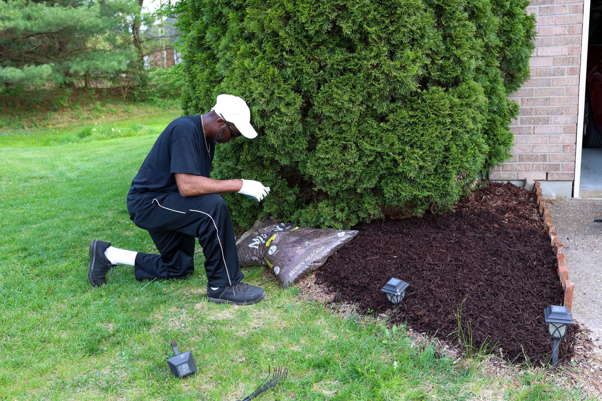 A Portrait Of A Black Man Installing Mulch On A Lawn